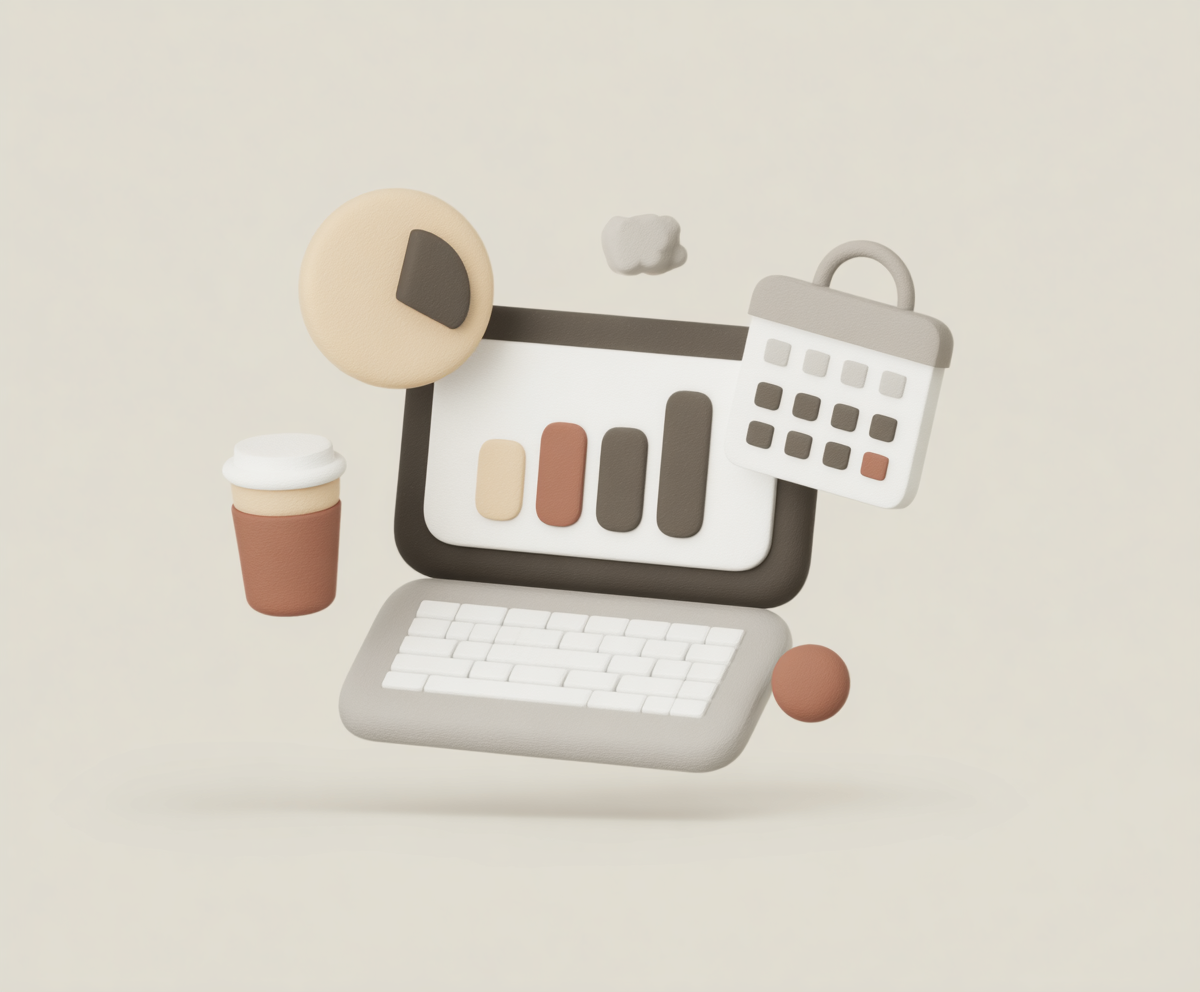 3D illustration of a laptop displaying a bar chart with a pie chart, calendar, and coffee cup floating nearby.