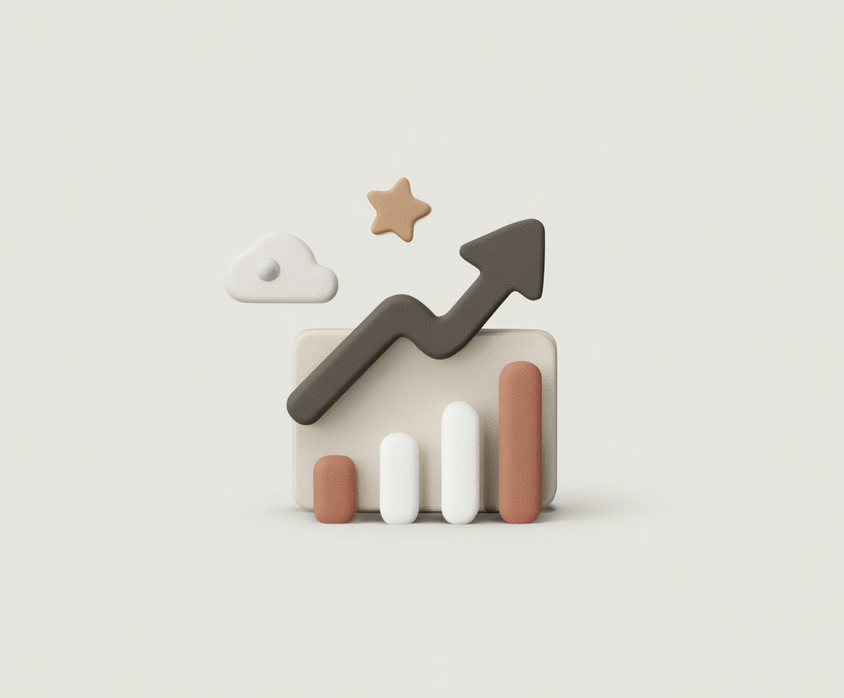 3D illustration of a growing bar chart with an upward arrow, a star, and a cloud symbolizing progress and success.