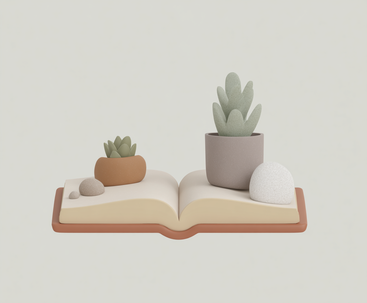 Open book with two potted succulents and three small stones placed on its pages.