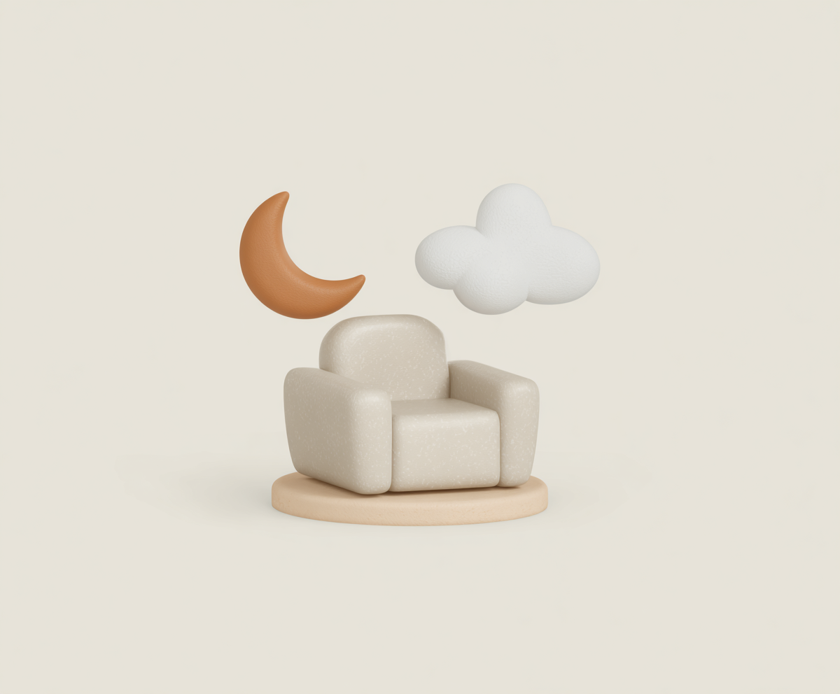 3D illustration of a beige armchair on a round base with a brown crescent moon and a white cloud floating above it.